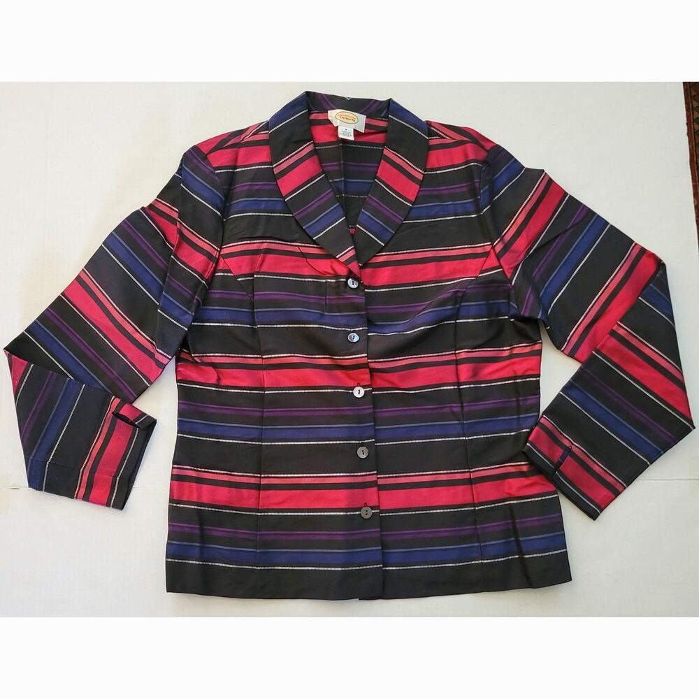 Talbots Striped Unlined Silk Blazer Jacket Fitted Blouse Size 8 Metallic Stripe